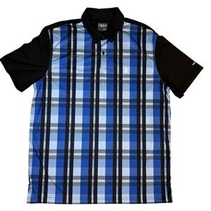 Izod Men's Golf Polo Size Lg Performance Material Blue Black Plaid Print EUC